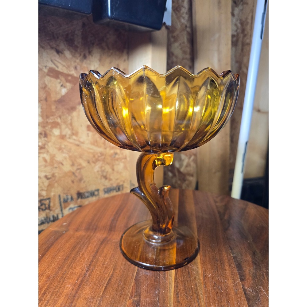 Vintage Amber Glass Compote Dish Scalloped Tulip Pedestal Bowl Mid Century
